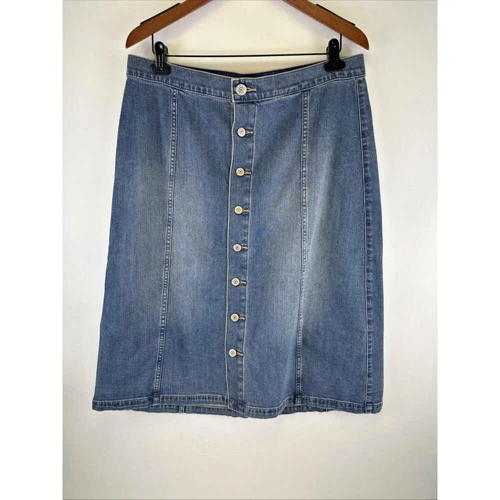 Express Jeans Denim Midi Skirt Button Front A-line Western Country Boho Women 14